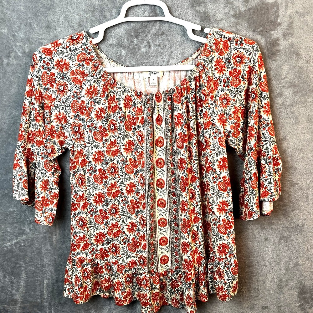 Style&Co Womens Shirt Size Medium Floral Peasant Bell Sleeve Boho‎ Hippie Ruffle